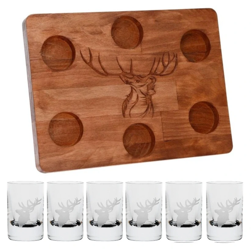 Darčekový set podnos WOOD Jeleň + poháre Spirit Jeleň(1+6 ks)